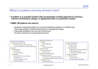 © 2013 IBM Corporation4 IBM Integration Bus V9
What is a pattern and why should I care?
A pattern is a reusable solution that encapsulates a tested approach to solving a
common architecture, design, or deployment task in a particular context.
WMB / IIB patterns are used to:
– Generate customized solutions to a recurring integration problem in an efficient way
– Encourage adoption of preferred techniques in message flow design
– Help guide developers who are new to the product
– Provide consistency in the generated resources
 