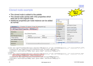 © 2013 IBM Corporation42 IBM Integration Bus V9
Cloned node example
The cloned node is added to the palette
The cloned node carries with it the properties which
were set on the original node
Additional properties per node instance can be added
as normal.
New in
IIBv9
 