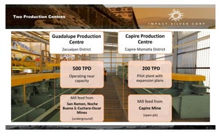 Guadalupe Production
Centre
Zacualpan District
500 TPD
Operating near
capacity
Mill feed from
San Ramon, Noche
Buena & Cuchara-Oscar
Mines
(underground)
Capire Production
Centre
Capire-Mamatla District
200 TPD
Pilot plant with
expansion plans
Mill feed from
Capire Mine
(open-pit)
Two Production Centres
8
 