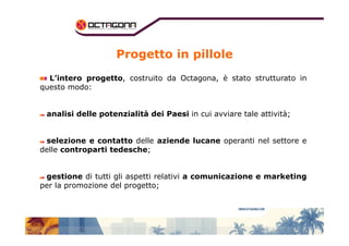 Progetto in pillole 
L’intero progetto, costruito da Octagona, è stato strutturato in 
questo modo: 
analisi delle potenzialità dei Paesi in cui avviare tale attività; 
selezione e contatto delle aziende lucane operanti nel settore e 
delle controparti tedesche; 
gestione di tutti gli aspetti relativi a comunicazione e marketing 
per la promozione del progetto; 
 
