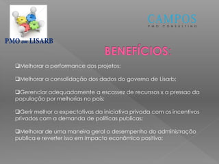 P M O C O N S U L T I N G
em
Melhorar a performance dos projetos;
Melhorar a consolidação dos dados do governo de Lisarb;
Gerenciar adequadamente a escassez de recurssos x a pressao da
população por melhorias no país;
Gerir melhor a expectativas da iniciativa privada com os incentivos
privados com a demanda de políticas publicas;
Melhorar de uma maneira geral o desempenho do administração
publica e reverter isso em impacto econômico positivo;
 