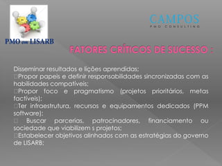 P M O C O N S U L T I N G
em
Disseminar resultados e lições aprendidas;
Propor papeis e definir responsabilidades sincronizadas com as
habilidades compatíveis;
Propor foco e pragmatismo (projetos prioritários, metas
factíveis);
Ter infraestrutura, recursos e equipamentos dedicados (PPM
software);
Buscar parcerias, patrocinadores, financiamento ou
sociedade que viabilizem s projetos;
Estabelecer objetivos alinhados com as estratégias do governo
de LISARB;
 