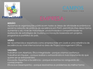 P M O C O N S U L T I N G
em
MISSÃO
Apoiamos as organizações públicas em todas as áreas de atividade econômica e
social na adoção de práticas de excelência em PMO, permitindo-lhes dessa forma
aumentar o seu nível de maturidade, produtividade e competitividade na
realização de estratégias de mudança e inovação baseadas em projetos,
programas e portfólios do país.
VISÃO
Ser reconhecida e respeitada como empresa líder em Lisarb e uma referência de
excelência ao nível internacional na área de Project Management Office.
VALORES
Trabalhar com Abertura, Ética Integridade – porque criamos confiança
Trabalhar em Equipe – porque realizar o extraordinário é mais importante do que
querer ser-se extraordinário
Inovação, Expertise e Excelência – porque evoluímos na vanguarda do
conhecimento
Eficácia e Desempenho – porque resolvemos os problemas da melhor forma
 