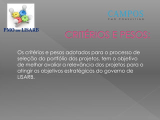 P M O C O N S U L T I N G
em
Os critérios e pesos adotados para o processo de
seleção do portfólio dos projetos, tem o objetivo
de melhor avaliar a relevância dos projetos para o
atingir os objetivos estratégicos do governo de
LISARB.
 