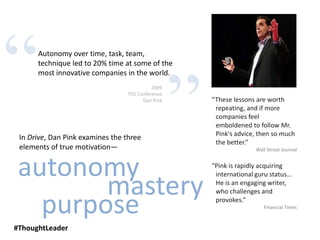 ”2009
TED Conference
Dan Pink “These lessons are worth
repeating, and if more
companies feel
emboldened to follow Mr.
Pink's advice, then so much
the better.”
Wall Street Journal
“Pink is rapidly acquiring
international guru status…
He is an engaging writer,
who challenges and
provokes.”
Financial Times
In Drive, Dan Pink examines the three
elements of true motivation—
Autonomy over time, task, team,
technique led to 20% time at some of the
most innovative companies in the world.
“
#ThoughtLeader
 