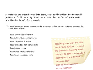 User stories are often broken into tasks, the specific actions the team will
perform to fulfill the story. User stories describe the “what” while tasks
describe the “how”. For example:
“As a web customer, I want a way to make a payment online so I can make my payment the
same day it is due.”
Task 1: build user interface
Task 2: build business logic layer
Task 3: connect UI and BL
Task 4: unit test new components
Task 5: code review
Task 6: test new components
Task 7: run regression tests
 