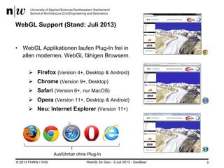 WebGL Support (Stand: Juli 2013)

•  WebGL Applikationen laufen Plug-In frei in
allen modernen, WebGL fähigen Browsern.
Ø...