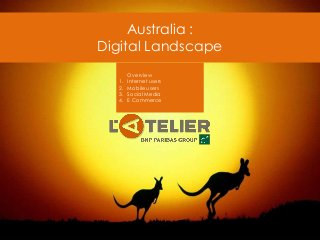 Australia :
Digital Landscape
Overview
1. Internet users
2. Mobile users
3. Social Media
4. E Commerce
 