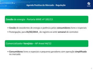 Agenda Positiva do Mercado - Regulação
7
Cessão de energia - Portaria MME nº 185/13
• Cessão de excedentes de energia e potência pelos consumidores livres e especiais
• Postergação, para 01/02/2014 , do registro ex-ante semanal de contratos
Comercializador Varejista – AP Aneel 44/12
• Consumidores livres e especiais e pequenos geradores com operação simplificada
no mercado
 