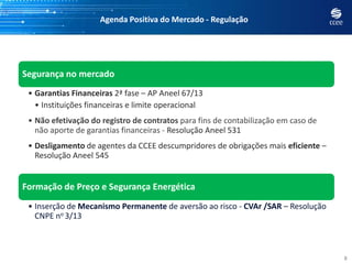 Agenda Positiva do Mercado - Regulação
8
Segurança no mercado
• Garantias Financeiras 2ª fase – AP Aneel 67/13
• Instituições financeiras e limite operacional
• Não efetivação do registro de contratos para fins de contabilização em caso de
não aporte de garantias financeiras - Resolução Aneel 531
• Desligamento de agentes da CCEE descumpridores de obrigações mais eficiente –
Resolução Aneel 545
Formação de Preço e Segurança Energética
• Inserção de Mecanismo Permanente de aversão ao risco - CVAr /SAR – Resolução
CNPE no 3/13
 