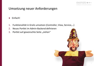 38
Umsetzung neuer Anforderungen
● Einfach!
1. Funktionalität in Grails umsetzen (Controller, View, Service,…)
2. Neues Portlet im Admin-Backend definieren
3. Portlet auf gewünschte Seite „ziehen“
 