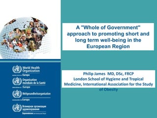 A "Whole of Government"
approach to promoting short and
long term well-being in the
European Region
Philip James MD, DSc, FRCP
London School of Hygiene and Tropical
Medicine, International Association for the Study
of Obesity
 