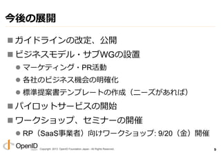 Copyright 2013 OpenID Foundation Japan - All Rights Reserved.
EIWG業態別参加条件
n  SIer・システムベンダー
l  OIDF-J会員になっていただく必要があります
n  法⼈人向けSaaS・Cloud・ASP提供事業者
l  OIDF-J会員になっていただく必要はありません
そのまま、ご参加頂けます
n  エンドユーザ（IT部⾨門のID管理理システム担当者）
l  OIDF-J会員になっていただく必要はありません
そのまま、ご参加頂けます
9
contact@openid.or.jp
まで、お問い合わせください。	
 