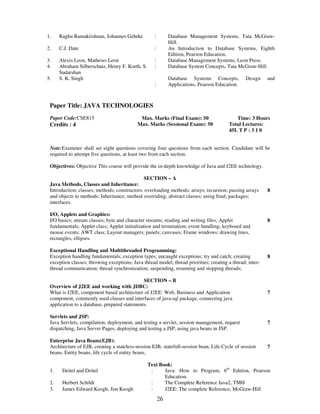1. Raghu Ramakrishnan, Johannes Gehrke : Database Management Systems, Tata McGraw- 
26 
Hill. 
2. C.J. Date : An Introduction to Database Systems, Eighth 
Edition, Pearson Education. 
3. Alexis Leon, Mathews Leon : Database Management Systems, Leon Press. 
4. Abraham Silberschatz, Henry F. Korth, S. 
Sudarshan 
: Database System Concepts, Tata McGraw-Hill. 
5. S. K. Singh 
: 
Database Systems Concepts, Design and 
Applications, Pearson Education. 
Paper Title: JAVA TECHNOLOGIES 
Paper Code:CSE815 
Credits : 4 
Max. Marks (Final Exam): 50 
Max. Marks (Sessional Exam): 50 
Time: 3 Hours 
Total Lectures: 
45L T P : 3 1 0 
Note:Examiner shall set eight questions covering four questions from each section. Candidate will be 
required to attempt five questions, at least two from each section. 
Objectives: Objective This course will provide the in-depth knowledge of Java and J2EE technology. 
SECTION – A 
Java Methods, Classes and Inheritance: 
Introduction; classes; methods; constructors; overloading methods; arrays; recursion; passing arrays 
and objects to methods; Inheritance; method overriding; abstract classes; using final; packages; 
interfaces. 
8 
I/O, Applets and Graphics: 
I/O basics; stream classes; byte and character streams; reading and writing files; Applet 
fundamentals; Applet class; Applet initialization and termination; event handling; keyboard and 
mouse events; AWT class; Layout managers; panels; canvases; Frame windows; drawing lines, 
rectangles, ellipses. 
8 
Exceptional Handling and Multithreaded Programming: 
Exception handling fundamentals; exception types; uncaught exceptions; try and catch; creating 
exception classes; throwing exceptions; Java thread model; thread priorities; creating a thread; inter-thread 
communication; thread synchronization; suspending, resuming and stopping threads; 
8 
SECTION – B 
Overview of J2EE and working with JDBC: 
What is J2EE, component based architecture of J2EE: Web, Business and Application 
component, commonly used classes and interfaces of java.sql package, connecting java 
application to a database, prepared statements. 
7 
Servlets and JSP: 
Java Servlets, compilation, deployment, and testing a servlet, session management, request 
dispatching, Java Server Pages, deploying and testing a JSP, using java beans in JSP. 
7 
Enterprise Java Beans(EJB): 
Architecture of EJB, creating a stateless-session EJB, statefull-session bean, Life Cycle of session 
beans, Entity beans, life cycle of entity beans. 
7 
Text Book: 
1. Deitel and Deitel : Java: How to Program, 6th Edition, Pearson 
Education. 
2. Herbert Schildt : The Complete Reference Java2, TMH 
3. James Edward Keogh, Jim Keogh : J2EE: The complete Reference, McGraw-Hill 
 