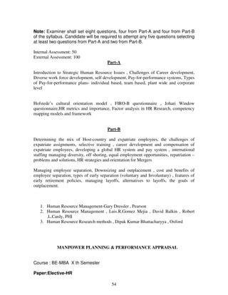 Note: Examiner shall set eight questions, four from Part-A and four from Part-B 
of the syllabus. Candidate will be required to attempt any five questions selecting 
at least two questions from Part-A and two from Part-B. 
54 
Internal Assessment: 50 
External Assessment: 100 
Part-A 
Introduction to Strategic Human Resource Issues , Challenges of Career development, 
Diverse work force development, self development, Pay-for-performance systems, Types 
of Pay-for-performance plans- individual based, team based, plant wide and corporate 
level 
Hofstede’s cultural orientation model , FIRO-B questionnaire , Johari Window 
questionnaire,HR metrics and importance, Factor analysis in HR Research, competency 
mapping models and framework 
Part-B 
Determining the mix of Host-country and expatriate employees, the challenges of 
expatriate assignments, selective training , career development and compensation of 
expatriate employees, developing a global HR system and pay system , international 
staffing managing diversity, off shoring, equal employment opportunities, repatriation – 
problems and solutions, HR strategies and orientation for Mergers 
Managing employee separation, Downsizing and outplacement , cost and benefits of 
employee separation, types of early separation (voluntary and Involuntary) , features of 
early retirement policies, managing layoffs, alternatives to layoffs, the goals of 
outplacement. 
1. Human Resource Management-Gary Dressler , Pearson 
2. Human Resource Management , Luis.R.Gomez Mejia , David Balkin , Robert 
.L.Cardy, PHI 
3. Human Resource Research methods , Dipak Kumar Bhattacharyya , Oxford 
MANPOWER PLANNING & PERFORMANCE APPRAISAL 
Course : BE-MBA X th Semester 
Paper:Elective-HR 
 