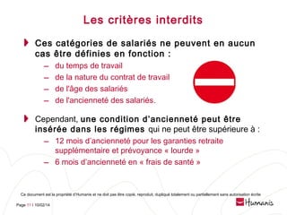 Les critères interdits
Ces catégories de salariés ne peuvent en aucun
cas être définies en fonction :

–
–
–
–

du temps de travail
de la nature du contrat de travail
de l'âge des salariés
de l'ancienneté des salariés.

Cependant, une condition d’ancienneté peut être
insérée dans les régimes qui ne peut être supérieure à :
– 12 mois d’ancienneté pour les garanties retraite
supplémentaire et prévoyance « lourde »
– 6 mois d’ancienneté en « frais de santé »

Ce document est la propriété d’Humanis et ne doit pas être copié, reproduit, dupliqué totalement ou partiellement sans autorisation écrite
Page 11 l 10/02/14

 