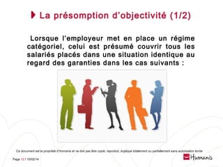 La présomption d’objectivité (1/2)
Lorsque l’employeur met en place un régime
catégoriel, celui est présumé couvrir tous les
salariés placés dans une situation identique au
regard des garanties dans les cas suivants :

Ce document est la propriété d’Humanis et ne doit pas être copié, reproduit, dupliqué totalement ou partiellement sans autorisation écrite
Page 12 l 10/02/14

 