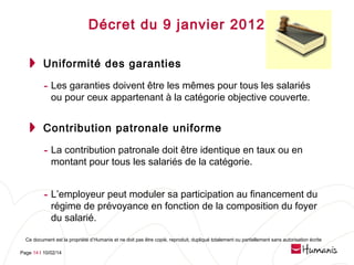 Décret du 9 janvier 2012
Uniformité des garanties

- Les garanties doivent être les mêmes pour tous les salariés
ou pour ceux appartenant à la catégorie objective couverte.

Contribution patronale uniforme

- La contribution patronale doit être identique en taux ou en
montant pour tous les salariés de la catégorie.

- L’employeur peut moduler sa participation au financement du
régime de prévoyance en fonction de la composition du foyer
du salarié.

Ce document est la propriété d’Humanis et ne doit pas être copié, reproduit, dupliqué totalement ou partiellement sans autorisation écrite
Page 14 l 10/02/14

 