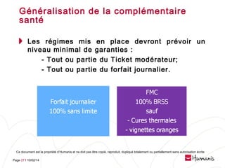Généralisation de la complémentaire
santé
Les régimes mis en place devront prévoir un
niveau minimal de garanties :
- Tout ou partie du Ticket modérateur;
- Tout ou partie du forfait journalier.

Ce document est la propriété d’Humanis et ne doit pas être copié, reproduit, dupliqué totalement ou partiellement sans autorisation écrite
Page 27 l 10/02/14

 