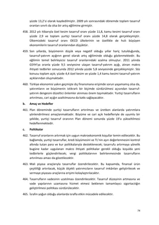yüzde 13,2’si olarak kaydedilmiştir. 2009 yılı sonrasındaki dönemde toplam tasarruf
oranları sınırlı da olsa bir artış eğilimine girmiştir.
458. 2012 yılı itibarıyla özel kesim tasarruf oranı yüzde 11,8, kamu kesimi tasarruf oranı
yüzde 2,9 ve toplam yurtiçi tasarruf oranı yüzde 14,8 olarak gerçekleşmiştir.
Ülkemizdeki tasarruf oranı OECD ülkelerinin ve özellikle de hızlı büyüyen
ekonomilerin tasarruf oranlarından düşüktür.
459. Son yıllarda, büyümenin düşük veya negatif olduğu yıllar hariç tutulduğunda,
tasarruf-yatırım açığının genel olarak artış eğiliminde olduğu gözlenmektedir. Bu
eğilimin temel belirleyicisi tasarruf oranlarındaki azalma olmuştur. 2011 yılında
GSYH’ya oranla yüzde 9,5 seviyesine ulaşan tasarruf-yatırım açığı, alınan makro
ihtiyati tedbirler sonucunda 2012 yılında yüzde 5,8 seviyesinde gerçekleşmiştir. Söz
konusu toplam açık; yüzde 4,4 özel kesim ve yüzde 1,4 kamu kesimi tasarruf-yatırım
açıklarından oluşmaktadır.
460. Türkiye ekonomisi yakın geçmişte dış finansmana erişimde sorun yaşamamış olsa da,
yatırımların ve büyümenin istikrarlı bir biçimde sürdürülmesi açısından tasarruf-
yatırım dengesini düzeltici önlemler alınması önem taşımaktadır. Yurtiçi tasarrufların
artırılması, cari açığın azaltılmasına da katkı sağlayacaktır.
b. Amaç ve Hedefler
461. Plan döneminde yurtiçi tasarrufların artırılması ve üretken alanlarda yatırımlara
yönlendirilmesi amaçlanmaktadır. Büyüme ve cari açık hedefleriyle de uyumlu bir
şekilde, yurtiçi tasarruf oranının Plan dönemi sonunda yüzde 19’a yükseltilmesi
hedeflenmektedir.
c. Politikalar
462. Tasarruf oranlarını artırmak için uygun makroekonomik koşullar temin edilecektir. Bu
bağlamda, yurtiçi tasarruflar, kredi büyümesini ve TL’nin aşırı değerlenmesini kontrol
altında tutan para ve kur politikalarıyla desteklenecek; tasarrufu artırmaya yönelik
bugüne kadar uygulanan makro ihtiyati politikalar gerekli olduğu koşulda yeni
tedbirlerle güçlendirilecek; vergi politikalarının belirlenmesinde tasarrufların
artırılması amacı da gözetilecektir.
463. Mali piyasa araçlarıyla tasarruflar özendirilecektir. Bu kapsamda, finansal ürün
çeşitliliği artırılacak, küçük ölçekli yatırımcıların tasarruf imkânları geliştirilecek ve
sermaye piyasası araçlarına erişimi kolaylaştırılacaktır.
464. Tasarrufların vadesinin uzatılması özendirilecektir. Tasarruf düzeyinin artmasına ve
vade yapılarının uzamasına hizmet etmesi beklenen tamamlayıcı sigortacılığın
geliştirilmesi politikası sürdürülecektir.
465. İsrafın yoğun olduğu alanlarda israfla etkin mücadele edilecektir.
74
 