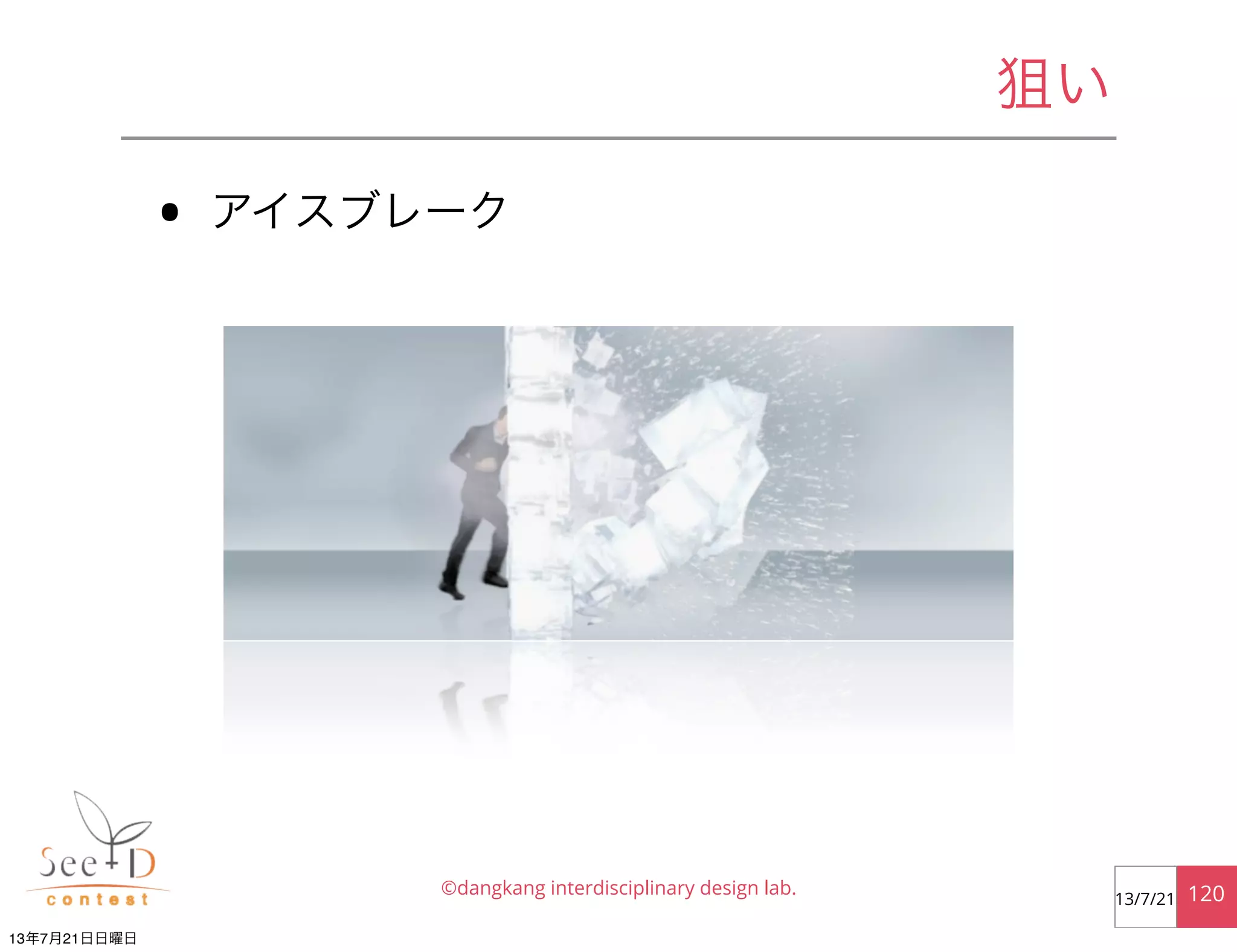 狙い
• アイスブレーク
©dangkang interdisciplinary design lab. 12013/7/21
13年7月21日日曜日
 