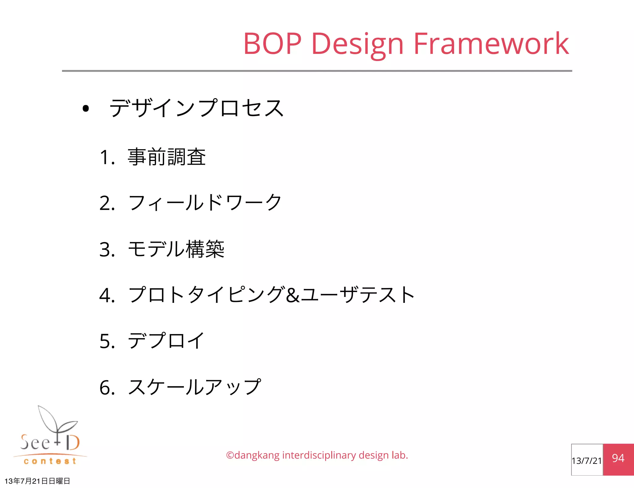 • デザインプロセス
1. 事前調査
2. フィールドワーク
3. モデル構築
4. プロトタイピング&ユーザテスト
5. デプロイ
6. スケールアップ
©dangkang interdisciplinary design lab. 9413/7/21
BOP Design Framework
13年7月21日日曜日
 