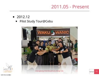 • 2012.12
• Pilot Study Tour@Cebu
©dangkang interdisciplinary design lab. 7213/7/21
2011.05 - Present
13年7月21日日曜日
 