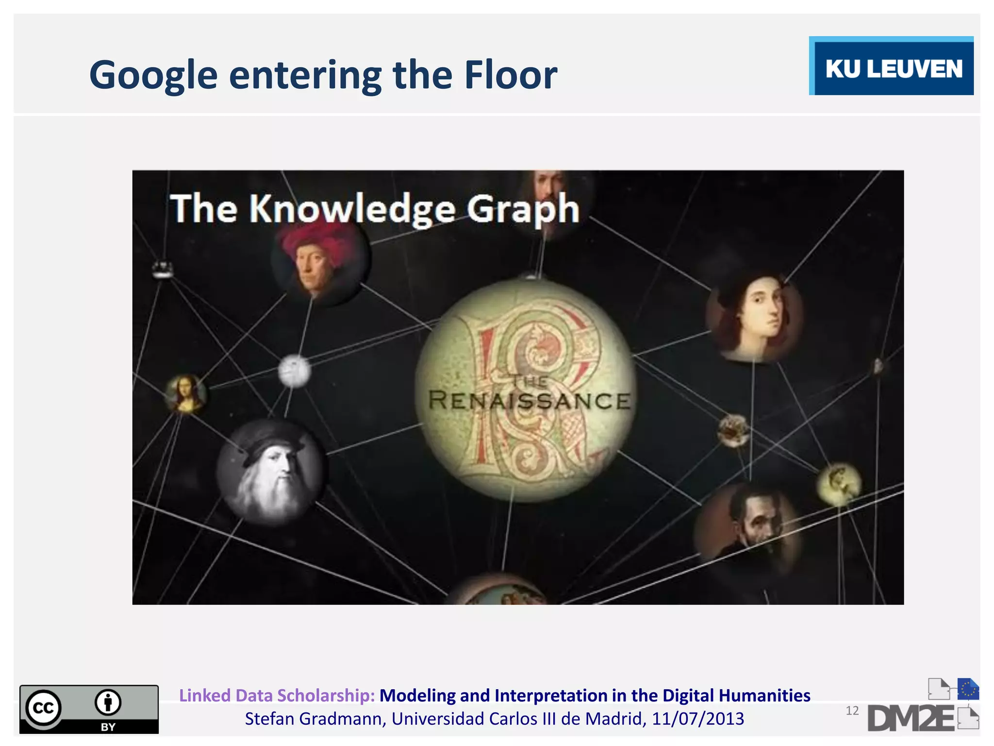 Linked Data Scholarship: Modeling and Interpretation in the Digital Humanities
Stefan Gradmann, Universidad Carlos III de Madrid, 11/07/2013
12
Google entering the Floor
 