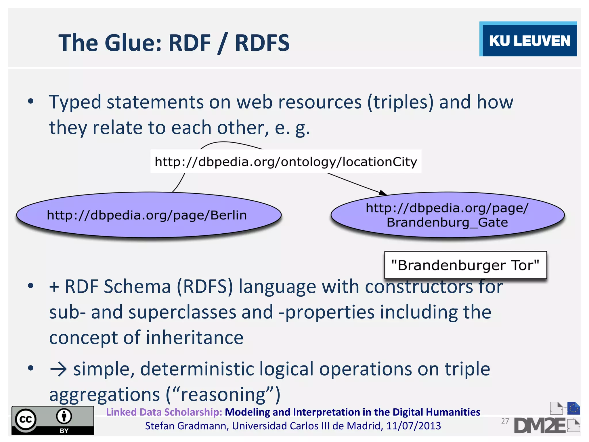 Linked Data Scholarship: Modeling and Interpretation in the Digital Humanities
Stefan Gradmann, Universidad Carlos III de Madrid, 11/07/2013
27
The Glue: RDF / RDFS
• Typed statements on web resources (triples) and how
they relate to each other, e. g.
• + RDF Schema (RDFS) language with constructors for
sub- and superclasses and -properties including the
concept of inheritance
• → simple, deterministic logical operations on triple
aggregations (“reasoning”)
 