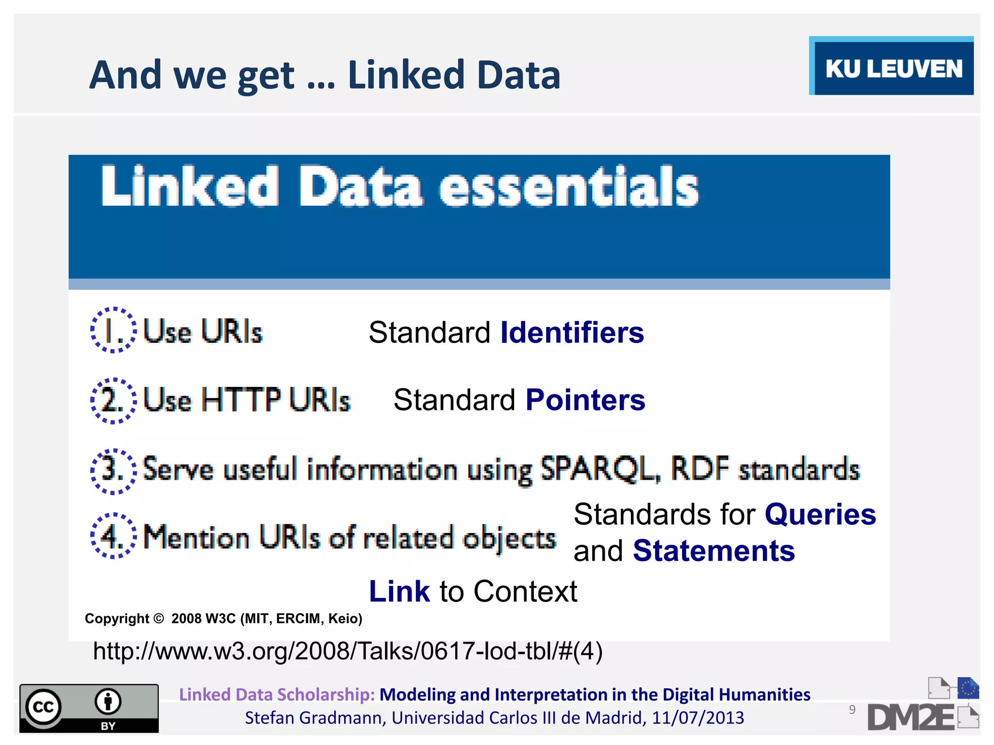 Linked Data Scholarship: Modeling and Interpretation in the Digital Humanities
Stefan Gradmann, Universidad Carlos III de Madrid, 11/07/2013
9
And we get … Linked Data
Copyright © 2008 W3C (MIT, ERCIM, Keio)
http://www.w3.org/2008/Talks/0617-lod-tbl/#(4)
Standard Identifiers
Standard Pointers
Standards for Queries
and Statements
Link to Context
 
