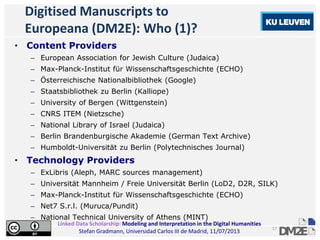 Linked Data Scholarship: Modeling and Interpretation in the Digital Humanities
Stefan Gradmann, Universidad Carlos III de Madrid, 11/07/2013
17
Digitised Manuscripts to
Europeana (DM2E): Who (1)?
• Content Providers
– European Association for Jewish Culture (Judaica)
– Max-Planck-Institut für Wissenschaftsgeschichte (ECHO)
– Österreichische Nationalbibliothek (Google)
– Staatsbibliothek zu Berlin (Kalliope)
– University of Bergen (Wittgenstein)
– CNRS ITEM (Nietzsche)
– National Library of Israel (Judaica)
– Berlin Brandenburgische Akademie (German Text Archive)
– Humboldt-Universität zu Berlin (Polytechnisches Journal)
• Technology Providers
– ExLibris (Aleph, MARC sources management)
– Universität Mannheim / Freie Universität Berlin (LoD2, D2R, SILK)
– Max-Planck-Institut für Wissenschaftsgeschichte (ECHO)
– Net7 S.r.l. (Muruca/Pundit)
– National Technical University of Athens (MINT)
 