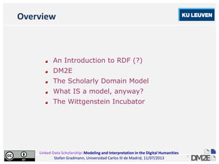 Linked Data Scholarship: Modeling and Interpretation in the Digital Humanities
Stefan Gradmann, Universidad Carlos III de Madrid, 11/07/2013
2
Overview
An Introduction to RDF (?)
DM2E
The Scholarly Domain Model
What IS a model, anyway?
The Wittgenstein Incubator
 