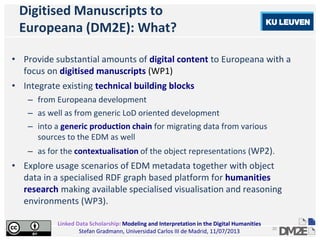 Linked Data Scholarship: Modeling and Interpretation in the Digital Humanities
Stefan Gradmann, Universidad Carlos III de Madrid, 11/07/2013
20
Digitised Manuscripts to
Europeana (DM2E): What?
• Provide substantial amounts of digital content to Europeana with a
focus on digitised manuscripts (WP1)
• Integrate existing technical building blocks
– from Europeana development
– as well as from generic LoD oriented development
– into a generic production chain for migrating data from various
sources to the EDM as well
– as for the contextualisation of the object representations (WP2).
• Explore usage scenarios of EDM metadata together with object
data in a specialised RDF graph based platform for humanities
research making available specialised visualisation and reasoning
environments (WP3).
 