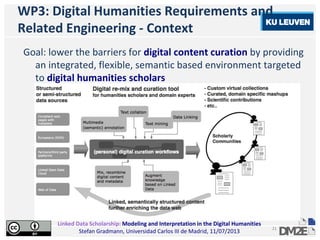 Linked Data Scholarship: Modeling and Interpretation in the Digital Humanities
Stefan Gradmann, Universidad Carlos III de Madrid, 11/07/2013
21
WP3: Digital Humanities Requirements and
Related Engineering - Context
Goal: lower the barriers for digital content curation by providing
an integrated, flexible, semantic based environment targeted
to digital humanities scholars
 