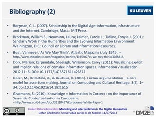 Linked Data Scholarship: Modeling and Interpretation in the Digital Humanities
Stefan Gradmann, Universidad Carlos III de Madrid, 11/07/2013
66
Bibliography (2)
• Borgman, C. L. (2007). Scholarship in the Digital Age: Information, Infrastructure
and the Internet. Cambridge, Mass.: MIT Press.
• Brockman, William S.; Neumann, Laura; Palmer, Carole L.; Tidline, Tonyia J. (2001):
Scholarly Work in the Humanities and the Evolving Information Environment.
Washington, D.C.: Council on Library and Information Resources.
• Bush, Vannever. ‘As We May Think’. Atlantic Magazine (July 1945). =
http://www.theatlantic.com/magazine/archive/1945/07/as-we-may-think/303881/.
• Dörk, Marian; Carpendale, Sheelagh; Williamson, Carey (2011): Visualizing explicit
and implicit relations of complex information spaces. Information Visualization
2012 11: 5. DOI: 10.1177/1473871611425872
• Doerr, M., Kritsotaki, A., & Boutsika, K. (2011). Factual argumentation—a core
model for assertions making. Journal on Computing and Cultural Heritage, 3(3), 1–
34. doi:10.1145/1921614.1921615
• Gradmann, S. (2010). Knowledge = Information in Context : on the Importance of
Semantic Contextualisation in Europeana.
= http://www.scribd.com/doc/32110457/Europeana-White-Paper-1
 