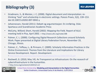 Linked Data Scholarship: Modeling and Interpretation in the Digital Humanities
Stefan Gradmann, Universidad Carlos III de Madrid, 11/07/2013
67
Bibliography (3)
• Gradmann, S., & Meister, J. C. (2008). Digital document and interpretation: re-
thinking “text” and scholarship in electronic settings. Poiesis Praxis, 5(2), 139–153.
doi:10.1007/s10202-007-0042-y
• Johannessen, Harald (2011): Debatt og argumentasjon: En innføring. Oslo:
Spartacus and Scandinavian Academic Press
• McCarty, Willard; Short, Harold (2002): Mapping the Field. Report of ALLC
meeting held in Pisa, April 2002. = http://www.allc.org/node/188
• Palmer, C. L. (2000). Configuring Digital Research Collections around Scholarly
Work. Paper presented at Digital Library Federation Forum, November 19,
Chicago, Illinois.
• Palmer, C., Teffeau, L., & Pirmann, C. (2009). Scholarly Information Practices in the
Online Environment: Themes from the Literature and Implications for Library
Service Development. Report. Development.
= http://www.oclc.org/resources/research/publications/library/2009/2009-02.pdf
• Rockwell, G. (2010, May 14). As Transparent as Infrastructure: On the research of
cyberinfrastructure in the humanities.
= http://cnx.org/content/m34315/1.2/
 