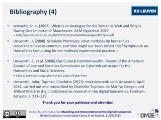 Linked Data Scholarship: Modeling and Interpretation in the Digital Humanities
Stefan Gradmann, Universidad Carlos III de Madrid, 11/07/2013
68
Bibliography (4)
• schraefel, m. c. (2007). What is an Analogue for the Semantic Web and Why is
Having One Important? Manchester: ACM Hypertext 2007.
= http://eprints.soton.ac.uk/264274/1/schraefelSWAnalogueHT07pre.pdf
• Unsworth, J. (2000). Scholarly Primitives: what methods do humanities
researchers have in common, and how might our tools reflect this? Symposium on
Humanities Computing formal methods experimental practice. =
http://www3.isrl.illinois.edu/~unsworth/Kings.5-00/primitives.html
• Unsworth, J., et al. (2006).Our Cultural Commonwealth. Report of the American
Council of Learned Societies Commission on Cyberinfrastructure for the
Humanities and Social Sciences.
= http://www.acls.org/cyberinfrastructure/cyber.htm
• Unsworth, John; Tupman, Charlotte (2011): Interview with John Unsworth, April
2011, carried out and transcribed by Charlotte Tupman. In: Marilyn Deegan und
Willard McCarty (Hg.): Collaborative research in the digital humanities. Farnham:
Ashgate, S. 231–239.
Thank you for your patience and attention
 