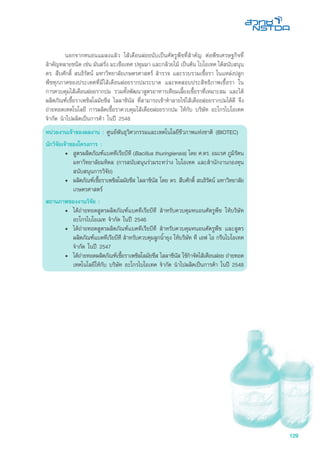 129
	 นอกจากหนอนแมลงแล้ว ไส้เดือนฝอยนับเป็นศัตรูพืชที่สำคัญ ต่อพืชเศรษฐกิจที่
สำคัญหลายชนิด เช่น มันฝรั่ง มะเขือเทศ ปทุมมา และกล้วยไม้ เป็นต้น ไบโอเทค ได้สนับสนุน
ดร. สืบศักดิ์ สนธิรัตน์ มหาวิทยาลัยเกษตรศาสตร์ สำรวจ และรวบรวมเชื้อรา ในแหล่งปลูก
พืชทุกภาคของประเทศที่มีไส้เดือนฝอยรากปมระบาด และทดสอบประสิทธิภาพเชื้อรา ใน
การควบคุมไส้เดือนฝอยรากปม รวมทั้งพัฒนาสูตรอาหารเทียมเลี้ยงเชื้อราที่เหมาะสม และได้
ผลิตภัณฑ์เชื้อราเพซิลโลมัยซีส ไลลาซินัส ที่สามารถเข้าทำลายไข่ไส้เดือยฝอยรากปมได้ดี จึง
ถ่ายทอดเทคโนโลยี การผลิตเชื้อราควบคุมไส้เดือยฝอยรากปม ให้กับ บริษัท อะโกรไบโอเทค
จำกัด นำไปผลิตเป็นการค้า ในปี 2548
หน่วยงานเจ้าของผลงาน : ศูนย์พันธุวิศวกรรมและเทคโนโลยีชีวภาพแห่งชาติ (BIOTEC)
นักวิจัยเจ้าของโครงการ :	
•	 สูตรผลิตภัณฑ์แบคทีเรียบีที (Bacillus thuringiensis) โดย ศ.ดร. อมเรศ ภูมิรัตน
มหาวิทยาลัยมหิดล (การสนับสนุนร่วมระหว่าง ไบโอเทค และสำนักงานกองทุน
สนับสนุนการวิจัย)
•	 ผลิตภัณฑ์เชื้อราเพซิลโลมัยซีส ไลลาซินัส โดย ดร. สืบศักดิ์ สนธิรัตน์ มหาวิทยาลัย
เกษตรศาสตร์
สถานภาพของงานวิจัย :	
•	 ได้ถ่ายทอดสูตรผลิตภัณฑ์แบคทีเรียบีที สำหรับควบคุมหนอนศัตรูพืช ให้บริษัท
อะโกรไบโอเมท จำกัด ในปี 2546
•	 ได้ถ่ายทอดสูตรผลิตภัณฑ์แบคทีเรียบีที สำหรับควบคุมหนอนศัตรูพืช และสูตร
ผลิตภัณฑ์แบคทีเรียบีที สำหรับควบคุมลูกน้ำยุง ให้บริษัท ที เอฟ ไอ กรีนไบโอเทค
จำกัด ในปี 2547
•	 ได้ถ่ายทอดผลิตภัณฑ์เชื้อราเพซิลโลมัยซีส ไลลาซินัส ใช้กำจัดไส้เดือนฝอย ถ่ายทอด
เทคโนโลยีให้กับ บริษัท อะโกรไบโอเทค จำกัด นำไปผลิตเป็นการค้า ในปี 2548
 