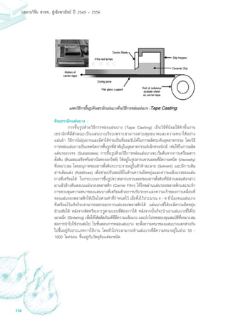 134
ผลงานวิจัย สวทช. สูเชิงพาณิชย ป 2549 - 2556
ดินเซรามิกแผ่นบาง :
	 การขึ้นรูปด้วยวิธีการหล่อแผ่นบาง (Tape Casting) เป็นวิธีที่นิยมใช้ทำชิ้นงาน
เซรามิกที่มีลักษณะเป็นแผ่นบางเรียบเพราะสามารถควบคุมขนาดและความหนาได้อย่าง
แม่นยำ วิธีการไม่ยุ่งยากและมีค่าใช้จ่ายเป็นที่ยอมรับได้ในการผลิตระดับอุตสาหกรรม โดยวิธี
การหล่อแผ่นบางเป็นเทคนิคการขึ้นรูปที่สำคัญในอุตสาหกรรมอิเล็กทรอนิกส์ เช่นใช้ในการผลิต
แผ่นรองวงจร (Substrates) การขึ้นรูปด้วยวิธีการหล่อแผ่นบางจะเริ่มต้นจากการเตรียมสาร
ตั้งต้น (ดินผสมเสร็จหรือสารโลหะออกไซด์) ให้อยู่ในรูปสารแขวนลอยที่มีความหนืด (Viscosity)
ที่เหมาะสม โดยอนุภาคของสารตั้งต้นจะกระจายอยู่ในตัวทำละลาย (Solvent) และมีการเติม
สารเติมแต่ง (Additives) เพื่อช่วยปรับสมบัติในด้านความยืดหยุ่นและความแข็งแรงของแผ่น
บางที่เตรียมได้ ในกระบวนการขึ้นรูปจะเทสารแขวนลอยของสารตั้งต้นที่มีส่วนผสมดังกล่าว
มาแล้วข้างต้นลงบนแผ่นรองพลาสติก (Carrier Film) ให้ไหลผ่านแผ่นรองพลาสติกและจะทำ
การควบคุมความหนาของแผ่นบางที่เตรียมด้วยการปรับระยะและความเร็วของการเคลื่อนที่
ของแผ่นรองพลาสติกให้เป็นไปตามค่าที่กำหนดไว้ เมื่อทิ้งไว้ประมาณ 4 - 6 ชั่วโมงจนแผ่นบาง
ที่เตรียมไว้แห้งก็จะสามารถลอกออกจากแผ่นรองพลาสติกได้ แผ่นบางที่ได้จะมีความยืดหยุ่น
ม้วนพับได้ หลังจากตัดหรือเจาะรูตามแบบที่ต้องการได้ หลังจากนั้นก็จะนำเอาแผ่นบางที่ได้ไป
เผาผนึก (Sintering) เพื่อให้ได้ผลิตภัณฑ์ที่มีความแข็งแรง และนำไปทดสอบคุณสมบัติที่เหมาะสม
ต่อการนำไปใช้งานต่อไป ในขั้นตอนการหล่อแผ่นบาง จะตั้งความหนาของแผ่นบางแตกต่างกัน
ไปขึ้นอยู่กับประเภทการใช้งาน โดยทั่วไปจะสามารถทำแผ่นบางที่มีความหนาอยู่ในช่วง 50 -
1000 ไมครอน ขึ้นอยู่กับวัตถุดิบแต่ละชนิด
 