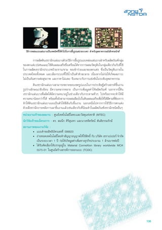 135
	 การผลิตดินเซรามิกแผ่นบางด้วยวิธีการขึ้นรูปแบบหล่อแผ่นบางสำหรับผลิตภัณฑ์กลุ่ม
ของตกแต่ง (Giftware) ใช้ดินผสมเสร็จซึ่งเตรียมได้จากการผสมวัตถุดิบในกลุ่มเดียวกันกับที่ใช้
ในการผลิตเซรามิกประเภทถ้วย/จาน/ชาม ของชำร่วยและของตกแต่ง ซึ่งเป็นวัตถุดิบภายใน
ประเทศไทยทั้งหมด และเลือกระบบที่ใช้น้ำเป็นตัวทำละลาย เนื่องจากไม่ก่อให้เกิดมลภาวะ
ไม่เป็นอันตรายต่อสุขภาพ และราคาไม่แพง จึงเหมาะกับการแข่งขันในระดับอุตสาหกรรม
	 ดินเซรามิกแผ่นบางสามารถขยายขอบเขตรูปแบบในการประดิษฐ์สร้างสรรค์ชิ้นงาน
รูปร่างลักษณะซับซ้อน มีความหลากหลาย เป็นการเพิ่มมูลค่าให้ผลิตภัณฑ์ นอกจากนี้ดิน
เซรามิกแผ่นบางที่ผลิตได้มีความหนาอยู่ในช่วงเดียวกับกระดาษทั่วๆ ไปหรืออาจจะทำให้มี
ความหนาน้อยกว่าก็ได้ พร้อมทั้งยังสามารถผสมสีลงไปในดินผสมเสร็จเพื่อให้ได้สีตามที่ต้องการ
ทำให้ดินเซรามิกแผ่นบางเองเป็นตัวให้สีสันกับชิ้นงาน นอกเหนือไปจากการใช้วิธีการตกแต่ง
ด้วยสีเซรามิกภายหลังการเผาชิ้นงานแล้วเช่นเดียวกับที่นิยมทำในผลิตภัณฑ์เซรามิกชนิดอื่นๆ
หน่วยงานเจ้าของผลงาน : ศูนย์เทคโนโลยีโลหะและวัสดุแห่งชาติ (MTEC)
นักวิจัยเจ้าของโครงการ : ดร. สมนึก ศิริสุนทร และนางขจิตรัตน์ ตันติธรรมรักษ์
สถานภาพของงานวิจัย :
•	 แบบคำขอสิทธิบัตรเลขที่ 098820
•	 ถ่ายทอดเทคโนโลยีโดยทำสัญญาอนุญาตให้ใช้สิทธิ์ กับ บริษัท เซราเปเปอร์ จำกัด
เป็นระยะเวลา 1 ปี ก่อให้เกิดมูลค่าเพิ่มทางธุรกิจประมาณ 1 ล้านบาทต่อปี
•	 ได้รับคัดเลือกให้บรรจุอยู่ใน Material ConneXion library worldwide MC#:
5575-01 ในศูนย์สร้างสรรค์การออกแบบ (TCDC)
 