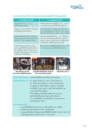 153
ตารางเปรียบเทียบสามล้อสกายแล็ปรูปแบบเดิมและสามล้อสิงห์ธำรงไทยรูปแบบใหม่ :
สกายแล็ปรูปแบบทั่วไป สกายแล็ปรูปแบบทั่วไป
เครื่องยนต์ขนาด 80 - 120 cc
ติดตั้งบริเวณช่วงล้อหน้า
ใช้เครื่องยนต์สมรรถนะสูงขึ้นเป็น 150 - 650 cc
และเปลี่ยนตำแหน่งการติดตั้งเป็นช่วงล้อหลัง
โครงสร้าง Chassis ใช้วิธีการเชื่อมต่อท่อ
เหล็กที่มีอยู่แบบลองผิดลองถูก
วิเคราะห์โครงสร้าง Chassis ด้วย FEM แล้ว
ออกแบบใหม่ให้ถูกต้องตามหลักวิศวกรรมยานยนต์
เพื่อลดนำหนักโครงสร้างลงแต่มีความแข็งแรงเพิ่มขึ้น
ล้อหลังขับเคลื่อนด้านเดียว ทำให้คนขับ
ต้องฝึกควบคุมการทรงตัวของรถไปยังด้าน
ใดด้านหนึ่ง เกิดโอกาสพลิกคว่ำได้ง่าย
ล้อหลังขับเคลื่อนได้ทั้งด้านซ้าย - ขวา แก้ไขปัญหา
เรื่องการทรงตัวของรถขณะเลี้ยวโค้ง แล้วสร้าง
linkage system เชื่อมโยงระบบการเปลี่ยนเกียร์
ไปด้านล้อหน้า เพื่อให้สะดวกต่อการขับขี
ห้ามล้อหรือหยุดรถด้วยวิธีการกระตุก
สายพานมู่เล่ที่ติดไว้กับล้อหลังด้านใดด้าน
หนึ่ง ซึ่งมีปัญหาเรื่องความอันตรายมาก
ขณะที่ถนนเปียกหรือฝนตก เพราะจะเกิด
การลื่นไถลและห้ามล้อไม่อยู่
ใช้ระบบดรัมเบรกติดตั้งที่ล้อหลังทั้งสองด้าน ทำให้
สามารถหยุดรถแบบกะทันหันได้โดยปลอดภัย
	
	
หน่วยงานเจ้าของผลงาน : ศูนย์เทคโนโลยีโลหะและวัสดุแห่งชาติ (MTEC)
นักวิจัยเจ้าของโครงการ :	ดร. สุวัฒน์ จีรเธียรนาถ รศ.ดร. วิโรจน์ ลิ่มตระการ
	 ผศ. สุวิทย์ บุณยวานิชกุล ดร. ธนสาร อินทรกำธรชัย
	 นายเสฏฐวรรธ สุจริตภวัตสกุล นายยศกร ประทุมวัลย์
	 นายปิยพงศ์ เปรมวรานนท์ นายสุธี โอฬารฤทธินันท์ และ
	 นายประสิทธิ์ วัฒนวงศ์สกุล
	 โปรแกรมพัฒนาเทคโนโลยีการผลิตและการออกแบบ
	 ศูนย์เทคโนโลยีโลหะและวัสดุแห่งชาติ (เอ็มเทค)
	 114 ถนนพหลโยธิน ตำบลคลองหนึ่ง อำเภอคลองหลวง
	 จังหวัดปทุมธานี 10210
สถานภาพของงานวิจัย :
•	 แบบคำขอสิทธิบัตรด้านการออกแบบ เลขที่ 098648 และ 098649
• 	กำลังยื่นจดทะเบียนเครื่องหมายการค้า “สิงห์ธำรงไทย”
•	 ถ่ายทอดเทคโนโลยีและทำสัญญาอนุญาตใช้สิทธิ์ให้กับบริษัท ธำรงไทย 2003 จำกัด
ก่อให้เกิดมูลค่าเพิ่มทางธุรกิจประมาณ 6.4 ล้านบาท/ปี
เครื่องยนตขนาด 650 CCชุดเพลาที่มีการติดตั้งชุดเฟือง Differential
เพื่อการถ่ายทอดกำลังแบบต่อเนื่อง
เพิ่มประสิทธิภาพการห้ามล้อ
ด้วยระบบดรัมเบรกที่ติดตั้งกับสองล้อหลัง
 