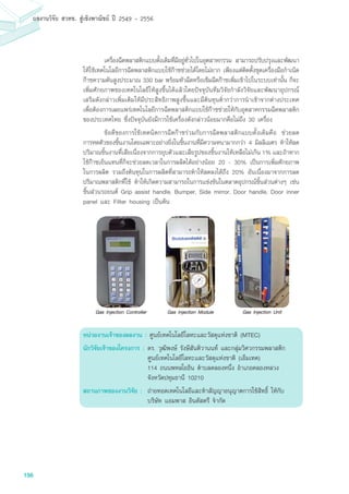 156
ผลงานวิจัย สวทช. สูเชิงพาณิชย ป 2549 - 2556
	 เครื่องฉีดพลาสติกแบบดั้งเดิมที่มีอยู่ทั่วไปในอุตสาหกรรม สามารถปรับปรุงและพัฒนา
ให้ใช้เทคโนโลยีการฉีดพลาสติกแบบใช้ก๊าซช่วยได้โดยไม่ยาก เพียงแต่ติดตั้งชุดเครื่องมือกำเนิด
ก๊าซความดันสูงประมาณ 330 bar พร้อมหัวฉีดหรือเข็มฉีดก๊าซเพิ่มเข้าไปในระบบเท่านั้น ก็จะ
เพิ่มศักยภาพของเทคโนโลยีให้สูงขึ้นได้แล้วโดยปัจจุบันทีมวิจัยกำลังวิจัยและพัฒนาอุปกรณ์
เสริมดังกล่าวเพิ่มเติมให้มีประสิทธิภาพสูงขึ้นและมีต้นทุนต่ำกว่าการนำเข้าจากต่างประเทศ
เพื่อต้องการเผยแพร่เทคโนโลยีการฉีดพลาสติกแบบใช้ก๊าซช่วยให้กับอุตสาหกรรมฉีดพลาสติก
ของประเทศไทย ซึ่งปัจจุบันยังมีการใช้เครื่องดังกล่าวน้อยมากคือไม่ถึง 30 เครื่อง
	 ข้อดีของการใช้เทคนิคการฉีดก๊าซร่วมกับการฉีดพลาสติกแบบดั้งเดิมคือ ช่วยลด
การหดตัวของชิ้นงานโดยเฉพาะอย่างยิ่งในชิ้นงานที่มีความหนามากกว่า 4 มิลลิเมตร ทำให้ลด
ปริมาณชิ้นงานที่เสียเนื่องจากการยุบตัวและเสียรูปของชิ้นงานให้เหลือไม่เกิน 1% และถ้าหาก
ใช้ก๊าซเย็นแทนที่ก็จะช่วยลดเวลาในการผลิตได้อย่างน้อย 20 - 30% เป็นการเพิ่มศักยภาพ
ในการผลิต รวมถึงต้นทุนในการผลิตที่สามารถทำให้ลดลงได้ถึง 20% อันเนื่องมาจากการลด
ปริมาณพลาสติกที่ใช้ ทำให้เกิดความสามารถในการแข่งขันในตลาดอุปกรณ์ชิ้นส่วนต่างๆ เช่น
ชิ้นส่วนรถยนต์ Grip assist handle, Bumper, Side mirror, Door handle, Door inner
panel และ Filter housing เป็นต้น	
หน่วยงานเจ้าของผลงาน : ศูนย์เทคโนโลยีโลหะและวัสดุแห่งชาติ (MTEC)
นักวิจัยเจ้าของโครงการ :	ดร. วุฒิพงษ์ รังษีสันติวานนท์ และกลุ่มวิศวกรรมพลาสติก
	 ศูนย์เทคโนโลยีโลหะและวัสดุแห่งชาติ (เอ็มเทค)
	 114 ถนนพหลโยธิน ตำบลคลองหนึ่ง อำเภอคลองหลวง
	 จังหวัดปทุมธานี 10210
สถานภาพของงานวิจัย : 	ถ่ายทอดเทคโนโลยีและทำสัญญาอนุญาตการใช้สิทธิ์ ให้กับ
บริษัท แอมพาส อินดัสตรี จำกัด
Gas Injection Controller Gas Injection Module Gas Injection Unit
 