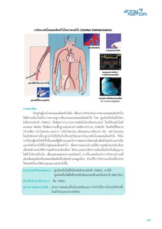 161
รายละเอียด :
	 ปัจจุบันผู้ป่วยโรคหลอดเลือดหัวใจตีบ ที่ต้องการรักษาด้วยการขยายหลอดเลือดหัวใจ
ได้มีทางเลือกใหม่ในการตรวจดูการตีบแคบของหลอดเลือดหัวใจ โดย ศูนย์เทคโนโลยีไมโคร
อิเล็กทรอนิกส์ (TMEC) ได้พัฒนากระบวนการผลิตไมโครชิพเซนเซอร์ โดยใช้เทคโนโลยี
surface MEMs ซึ่งพัฒนาบนพื้นฐานของสายการผลิตวงจรรวม (CMOS) โดยชิพนี้มีขนาด
กว้างเพียง 140 ไมครอน และยาว 1,300 ไมครอน (เส้นผมคนเรามีขนาด 100 - 400 ไมครอน)
โดยชิปดังกล่าวนี้จะถูกนำไปใช้เป็นหัวเซ็นเซอร์ของสายวัดแรงดันในหลอดเลือดหัวใจ ซึ่งใน
การรักษาผู้ป่วยโรคหัวใจนั้นแพทย์ผู้เชี่ยวชาญจะทำการสอดสายวัดตรงเส้นเลือดใหญ่บริเวณขาหนีบ
และบังคับสายให้ขึ้นไปสู่หลอดเลือดหัวใจ เพื่อตรวจสอบบริเวณที่มีการอุดตันของเส้นเลือด
เมื่อพบตำแหน่งที่มีการอุดตันของเส้นเลือด ชิพจะแปลงระดับความดันเลือดไปเป็นสัญญาณ
ไฟฟ้าไปยังเครื่องรับ เพื่อแสดงผลออกทางมอนิเตอร์ จากนั้นแพทย์จะทำการรักษาบริเวณที่
เส้นเลือดอุดตันหรือหลอดเลือดตีบที่จะต้องทำบอลลูนนั้นๆ ด้วยวิธีการรักษาแบบใหม่นี้จะช่วย
ให้แพทย์รักษาได้ตรงจุดและแม่นยำยิ่งขึ้น
หน่วยงานเจ้าของผลงาน :	ศูนย์เทคโนโลยีไมโครอิเล็กทรอนิกส์ (TMEC) ภายใต้
ศูนย์เทคโนโลยีอิเล็กทรอนิกส์และคอมพิวเตอร์แห่งชาติ (NECTEC)
นักวิจัยเจาของโครงการ : ทีม TMEC
สถานภาพของงานวิจัย :	ผ่านการทดสอบทั้งเชิงเทคนิคและการนำไปใช้งานในคนไข้จริงทั้ง
ในสวีเดนและประเทศไทย
 