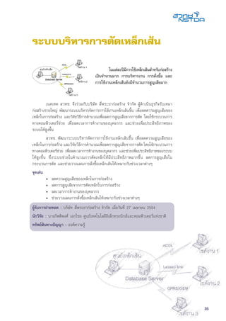 35
	 เนคเทค สวทช. จึงร่วมกับบริษัท สี่พระยาก่อสร้าง จำกัด ผู้ดำเนินธุรกิจรับเหมา
ก่อสร้างรายใหญ่ พัฒนาระบบบริหารจัดการการใช้งานเหล็กเส้นขึ้น เพื่อลดความสูญเสียของ
เหล็กในการก่อสร้าง และวิจัยวิธีการคำนวณเพื่อลดการสูญเสียจากการตัด โดยใช้กระบวนการ
ทางคอมพิวเตอร์ช่วย เพื่อลดเวลาการทำงานของบุคลากร และช่วยเพิ่มประสิทธิภาพของ
ระบบให้สูงขึ้น
	 สวทช. พัฒนาระบบบริหารจัดการการใช้งานเหล็กเส้นขึ้น เพื่อลดความสูญเสียของ
เหล็กในการก่อสร้าง และวิจัยวิธีการคำนวณเพื่อลดการสูญเสียจากการตัด โดยใช้กระบวนการ
ทางคอมพิวเตอร์ช่วย เพื่อลดเวลาการทำงานของบุคลากร และช่วยเพิ่มประสิทธิภาพของระบบ
ให้สูงขึ้น ซึ่งระบบช่วยในคำนวณการตัดเหล็กให้มีประสิทธิภาพมากขึ้น ลดการสูญเสียใน
กระบวนการตัด และช่วยวางแผนการสั่งซื้อเหล็กเส้นให้เหมาะกับช่วงเวลาต่างๆ
จุดเด่น
	 •	 ลดความสูญเสียของเหล็กในการก่อสร้าง
	 •	 ลดการสูญเสียจากการตัดเหล็กในการก่อสร้าง
	 •	 ลดเวลาการทำงานของบุคลากร
	 •	 ช่วยวางแผนการสั่งซื้อเหล็กเส้นให้เหมาะกับช่วงเวลาต่างๆ
ผู้รับการถ่ายทอด : บริษัท สี่พระยาก่อสร้าง จำกัด เมื่อวันที่ 27 เมษายน 2554
นักวิจัย : นายกิตติพงศ์ เอกไชย ศูนย์เทคโนโลยีอิเล็กทรอนิกส์และคอมพิวเตอร์แห่งชาติ
ทรัพย์สินทางปัญญา : องค์ความรู้
ระบบบริหารการตัดเหล็กเส้น
	 ในแต่ละปีมีการใช้เหล็กเส้นสำหรับก่อสร้าง
เป็นจำนวนมาก การบริหารงาน การสั่งซื้อ และ
การใช้งานเหล็กเส้นยังมีจำนวนการสูญเสียมาก
 