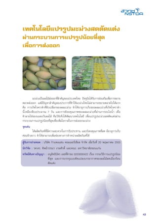 43
เทคโนโลยีแปรรูปมะม่วงสดตัดแต่ง
ผ่านกระบวนการแปรรูปน้อยที่สุด
เพื่อการส่งออก
	 มะม่วงเป็นผลไม้ส่งออกที่สำคัญของประเทศไทย ปัจจุบันได้รับการส่งเสริมเพื่อการขยาย
ตลาดส่งออก แต่มีปัญหาสำคัญสองประการที่ทำให้มะม่วงไทยไม่สามารถขยายตลาดไปได้มาก
คือ การเกิดโรคราดำที่ผิวเปลือกของผลมะม่วง ทำให้อายุการเก็บของผลมะม่วงที่เกิดโรคราดำ
นี้เหลือเพียงประมาณ 7 วัน และการด้อยคุณภาพของผลมะม่วงที่ผ่านการอบไอน้ำ เพื่อ
ทำลายไข่ของแมลงวันผลไม้ ทีมวิจัยจึงได้พัฒนาเทคโนโลยี เพื่อแปรรูปมะม่วงสดตัดแต่งผ่าน
กระบวนการแปรรูปน้อยที่สุดเพื่อเพิ่มโอกาสในการส่งออกมะม่วง
จุดเด่น
	 ได้ผลิตภัณฑ์ที่มีความสะดวกในการรับประทาน และยังคงคุณภาพที่สด มีอายุการเก็บ
ค่อนข้างยาว ทำให้สามารถเพิ่มช่องทางการจำหน่ายผลิตภัณฑ์ได้
ผู้รับการถ่ายทอด : บริษัท กำแพงแสน คอมเมอร์เชียล จำกัด เมื่อวันที่ 20 พฤษภาคม 2553
นักวิจัย : รศ.ดร. ทิพย์วรรณา งามศักดิ์ และคณะ มหาวิทยาลัยขอนแก่น
ทรัพย์สินทางปัญญา :	อนุสิทธิบัตร เลขที่คำขอ 0203000422 เรื่อง กรรมวิธีการแปรรูปน้อย
ที่สุด และการบรรจุแบบดัดแปลงบรรยากาศของผลไม้สดเมืองร้อน
ตัดแต่ง
 
