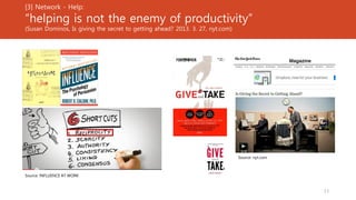 [3] Network - Help:
“helping is not the enemy of productivity”
(Susan Dominos, Is giving the secret to getting ahead? 2013. 3. 27, nyt.com)
13
Source: nyt.com
Source: INFLUENCE AT WORK
 