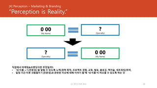 [4] Perception – Marketing & Branding
“Perception is Reality.”
(c) 2013 Hoh Kim 14
?
(Specialty)
0 00
(My Name)
?
(Specialty)
0 00
(My Name)
직업에서 마케팅&브랜딩이란 무엇일까?:
• ‘내 이름 = ? (전문성)’을 알릴 수 있도록 노력(경력 축적, 프로젝트 경험, 교육, 발표, 블로깅, 책저술, 네트워킹)하여,
• 일정 기간 이후 사람들이 ? (전문성)과 관련된 이슈에 대해 이야기 할 때 ‘내 이름’이 떠오를 수 있도록 하는 것
 
