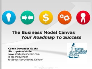 The Business Model Canvas
Your Roadmap To Success
Coach Davender Gupta
Startup-Académie
www.startupacademie.com
@coachdavender
facebook.com/coachdavender
© 2013 Davender Gupta - www.startupacademie.com
All Rights Reserved v20130429
 