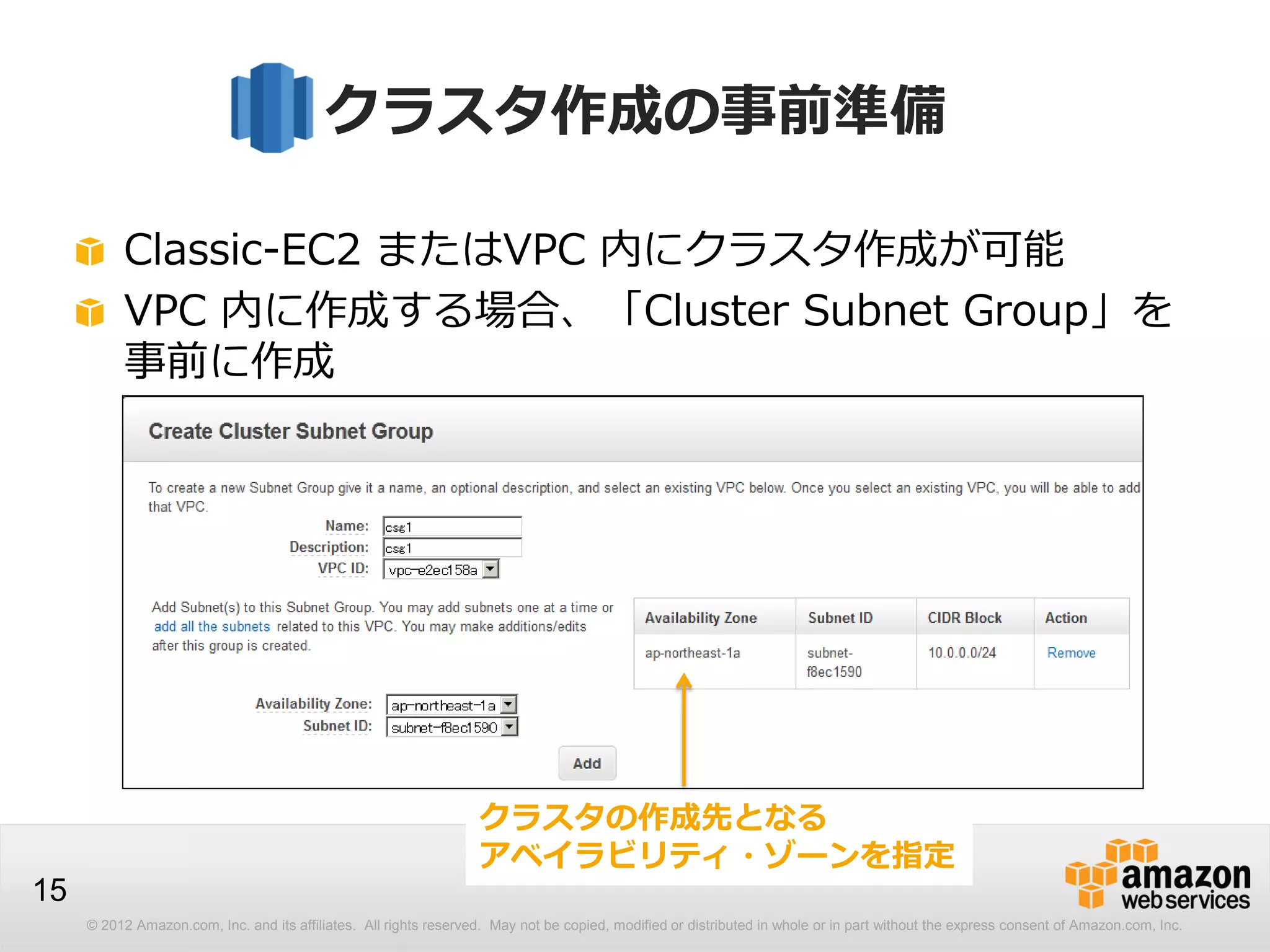 © 2012 Amazon.com, Inc. and its affiliates. All rights reserved. May not be copied, modified or distributed in whole or in part without the express consent of Amazon.com, Inc.
15
クラスタ作成の事前準備
Classic-EC2 またはVPC 内にクラスタ作成が可能
VPC 内に作成する場合、「Cluster Subnet Group」を
事前に作成
クラスタの作成先となる
アベイラビリティ・ゾーンを指定
 