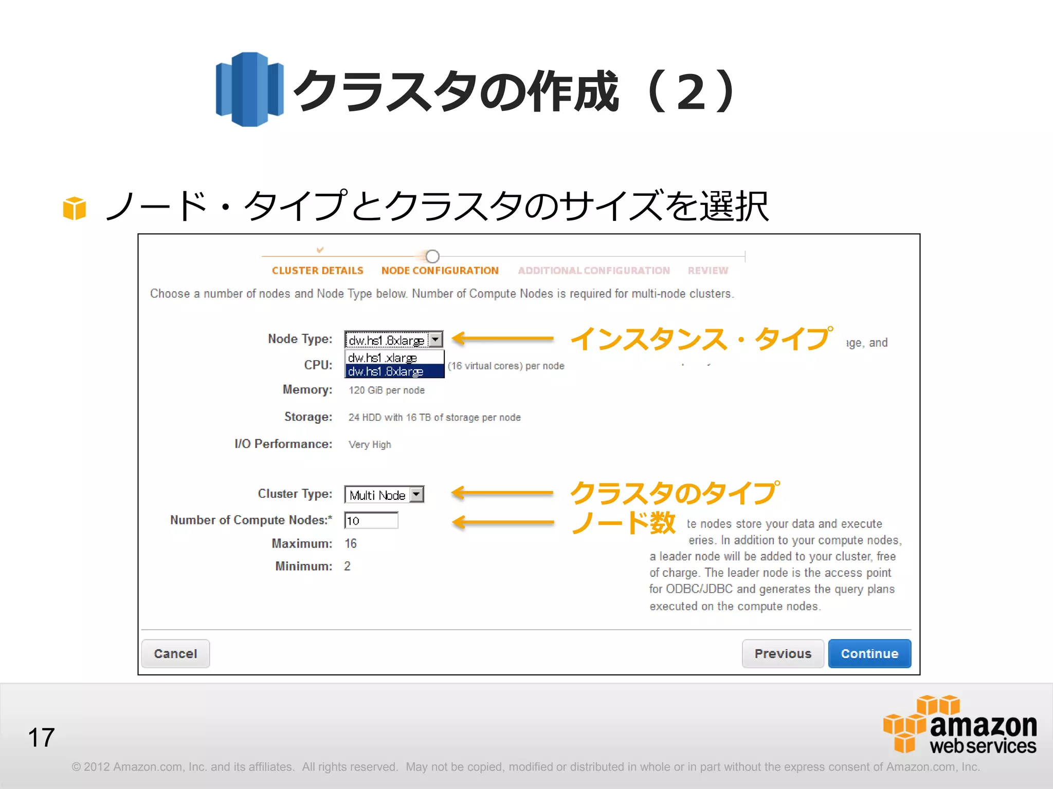 © 2012 Amazon.com, Inc. and its affiliates. All rights reserved. May not be copied, modified or distributed in whole or in part without the express consent of Amazon.com, Inc.
17
クラスタの作成（２）
ノード・タイプとクラスタのサイズを選択
インスタンス・タイプ
クラスタのタイプ
ノード数
 